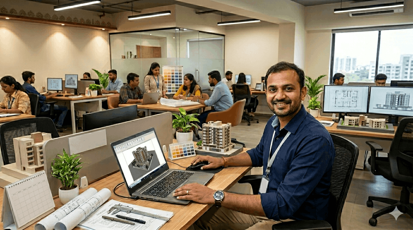 ASK CONSULTANT Architects studio showing architectural models and drawings